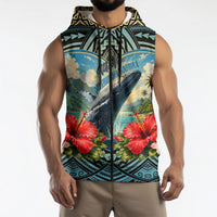 Personalized Masefau American Samoa Whale Sleeveless Zip Hoodie Polynesian Tribal Pattern Tropical Hibiscus