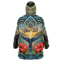 Personalized Masefau American Samoa Whale Wearable Blanket Hoodie Polynesian Tribal Pattern Tropical Hibiscus