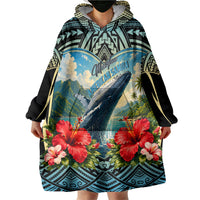Personalized Masefau American Samoa Whale Wearable Blanket Hoodie Polynesian Tribal Pattern Tropical Hibiscus