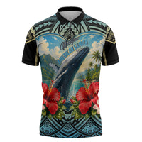 Personalized Masefau American Samoa Whale Zipper Polo Shirt Polynesian Tribal Pattern Tropical Hibiscus
