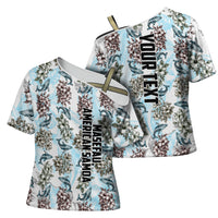 Personalized Masefau American Samoa Cross Shoulder Shirt Vintage Whale Hibiscus Ocean Waves