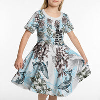 Personalized Masefau American Samoa Kid Short Sleeve Dress Vintage Whale Hibiscus Ocean Waves