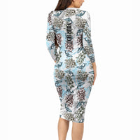 Personalized Masefau American Samoa Long Sleeve Bodycon Dress Vintage Whale Hibiscus Ocean Waves