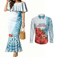 Personalized American Samoa Masefau Couples Matching Mermaid Dress and Long Sleeve Button Shirt Hibiscus Tropical Floral Whale Polynesian Tribal Pattern