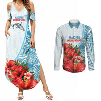 Personalized American Samoa Masefau Couples Matching Summer Maxi Dress and Long Sleeve Button Shirt Hibiscus Tropical Floral Whale Polynesian Tribal Pattern