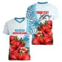 Personalized American Samoa Masefau Women V-Neck T-Shirt Hibiscus Tropical Floral Whale Polynesian Tribal Pattern