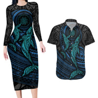 Polynesian Whale Couples Matching Long Sleeve Bodycon Dress and Hawaiian Shirt TS04 Black/Cyan - Polynesian Pride