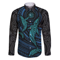 Polynesian Whale Family Matching Off Shoulder Short Dress and Hawaiian Shirt TS04 Dad's Shirt - Long Sleeve Black/Cyan - Polynesian Pride