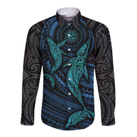 Polynesian Whale Long Sleeve Button Shirt TS04 Unisex Black/Cyan - Polynesian Pride