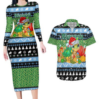 Micronesia Christmas Couples Matching Long Sleeve Bodycon Dress and Hawaiian Shirt with Santa Turtle Coral Reef and Holiday Ocean Pattern TS04 Black Green - Polynesian Pride