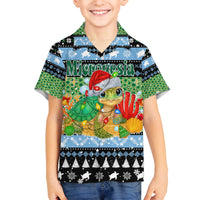 Micronesia Christmas Family Matching Off The Shoulder Long Sleeve Dress and Hawaiian Shirt with Santa Turtle Coral Reef and Holiday Ocean Pattern - Polynesian Pride