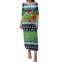 Micronesia Christmas Family Matching Puletasi and Hawaiian Shirt with Santa Turtle Coral Reef and Holiday Ocean Pattern TS04 Mom's Dress Black Green - Polynesian Pride
