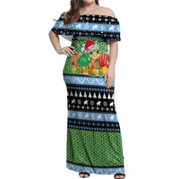 Micronesia Christmas Off Shoulder Maxi Dress with Santa Turtle Coral Reef and Holiday Ocean Pattern TS04 Women Black Green - Polynesian Pride