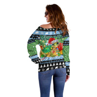 Micronesia Christmas Off Shoulder Sweater with Santa Turtle Coral Reef and Holiday Ocean Pattern - Polynesian Pride