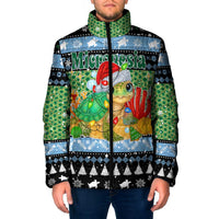 Micronesia Christmas Padded Jacket with Santa Turtle Coral Reef and Holiday Ocean Pattern TS04 Men Black Green - Polynesian Pride