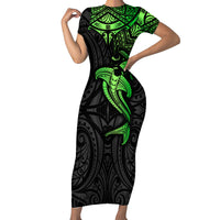 Polynesian Family Matching Short Sleeve Bodycon Dress and Hawaiian Shirt Hammerhead Shark Tribal Pattern Black Green Version TS04 Mom's Dress Black Green - Polynesian Pride