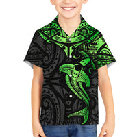 Polynesian Family Matching Short Sleeve Bodycon Dress and Hawaiian Shirt Hammerhead Shark Tribal Pattern Black Green Version TS04 Son's Shirt Black Green - Polynesian Pride