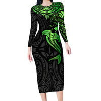 Polynesian Long Sleeve Bodycon Dress Hammerhead Shark Tribal Pattern Black Green Version TS04 Long Dress Black Green - Polynesian Pride