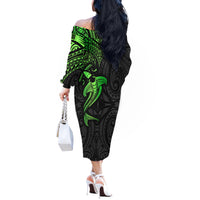 Polynesian Off The Shoulder Long Sleeve Dress Hammerhead Shark Tribal Pattern Black Green Version TS04 - Polynesian Pride