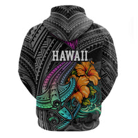 Hawaii Polynesian Hoodie with Tribal Hammerhead Sharks and Hibiscus Black TS04 - Polynesian Pride
