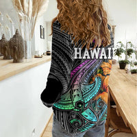Hawaii Polynesian Women Casual Shirt with Tribal Hammerhead Sharks and Hibiscus Black TS04 - Polynesian Pride