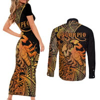 Zodiac Scorpio Couples Matching Short Sleeve Bodycon Dress and Long Sleeve Button Shirts Polynesian in Orange TS04 - Polynesian Pride
