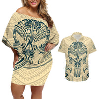 Polynesian Couples Matching Off Shoulder Short Dress and Hawaiian Shirt Warrior Skull with Tribal Patterns Tattoo Design TS04 Yellow - Polynesian Pride