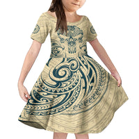 Polynesian Family Matching Puletasi Dress and Hawaiian Shirt Warrior Skull with Tribal Patterns Tattoo Design TS04 Daughter's Dress Yellow - Polynesian Pride