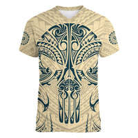 Polynesian Women V Neck T Shirt Warrior Skull with Tribal Patterns Tattoo Design TS04 Female Yellow - Polynesian Pride