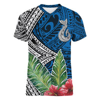 Polynesian Women V Neck T Shirt Whale Pattern and Hibiscus Flowers TS04 Female Multicolor - Polynesian Pride