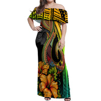 Hawaii Off Shoulder Maxi Dress Polynesian Fish Hook and Hibiscus Flowers with Gradient Pattern TS04 Women Multicolor - Polynesian Pride
