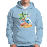 Christmas In Hawaii Hoodie Palm Tree Firework Santa At Beach Drinking Coconut TS09 Light Blue - Polynesian Pride