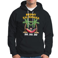 Christmas In Hawaii Hoodie Meowy Kalikimaka Cat Chillin' Ho Ho Ho Xmas Palm Tree TS09 Black - Polynesian Pride