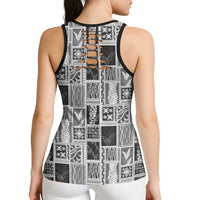 Vintage Aloha Block Quilt Hollow Tank Top Black Inspired Lei Motifs - Polynesian Pride