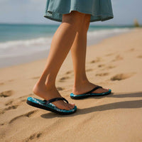 Vintage Dark Cyan Polynesia Flip Flops Plumeria Hibiscus Tropical Vibes - Polynesian Pride