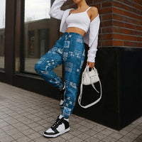 Vintage Hawaiian Quilting Patterns Jogger Pants Blue Style Tribal Fabric Patchwork - Polynesian Pride