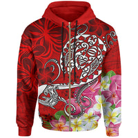 Polynesian Zip up Hoodie Turtle Plumeria Red Color Unisex Red - Polynesian Pride