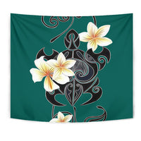 Turtle Poly Tribal Plumeria Turquoise Tapestry Wall Tapestry Green - Polynesian Pride