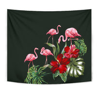 Hibiscus Flamingo Tapestry Wall Tapestry Black - Polynesian Pride