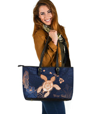 Personalized - Hawaii Kakau Polynesian Turtle Map Large Leather Tote Bag - Indigo Ver 1 - Polynesian Pride