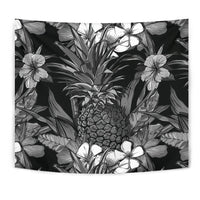 Pineapple Hibiscus Black And White Tapestry Wall Tapestry Black - Polynesian Pride