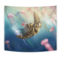Hawaii Turtle And Jellyfish In Deep Sea Moana Tapestry - Polynesian Pride