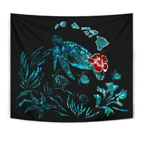 Hawaii Ohana Honu Paua Shell Tapestry Wall Tapestry Black - Polynesian Pride