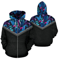 Hawaii Vintage Pattern Zip up Hoodie Blue Palm Tree Unisex Black - Polynesian Pride