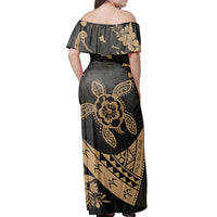 Polynesian Pride Dress - Hawaiian Map Turtle Plumeria Hibiscus Fish Hook Polynesian Gold Off Shoulder Long Dress - Polynesian Pride
