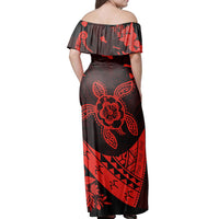 Polynesian Pride Dress - Hawaiian Map Turtle Plumeria Hibiscus Fish Hook Polynesian Red Off Shoulder Long Dress - Polynesian Pride