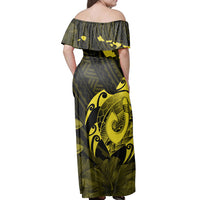 Polynesian Pride Dress - Hawaiian Map Turtle Plumeria Hibiscus Fish Hook Polynesian Yellow Off Shoulder Long Dress - Polynesian Pride
