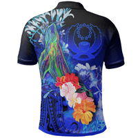 Polynesian Pride Apparel Pohnpei Polo Shirt Humpback Whale With Tropical Flowers (Blue) - Polynesian Pride