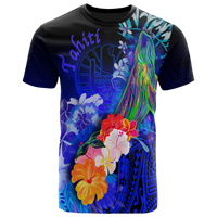 Tahiti T Shirt Humpback Whale with Tropical Flowers (Blue) Unisex Blue - Polynesian Pride