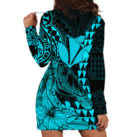 Kakau Polynesian Tribal Hawaiian Turtle with Kanaka Maoli Teal Hoodie Dress LT9 - Polynesian Pride